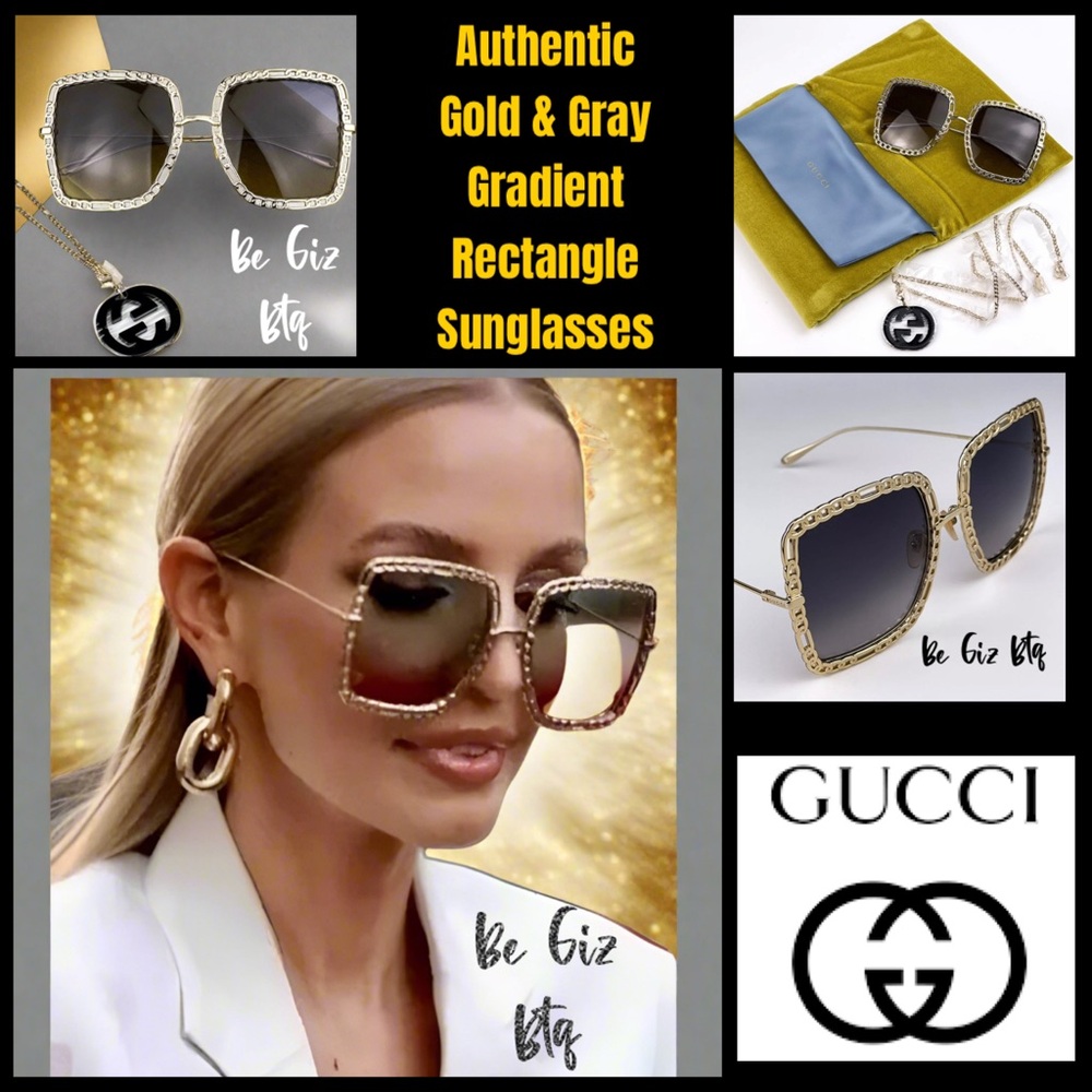 NWT Gucci Authentic Gold & Gray Gradient Rectangle Metal Women Sunglasses - Picture 2 of 4